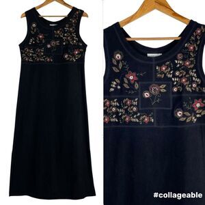 Vintage Y2K Embroidered Faux Suede Sleeveless Side Slits Midi Dress Small Grunge